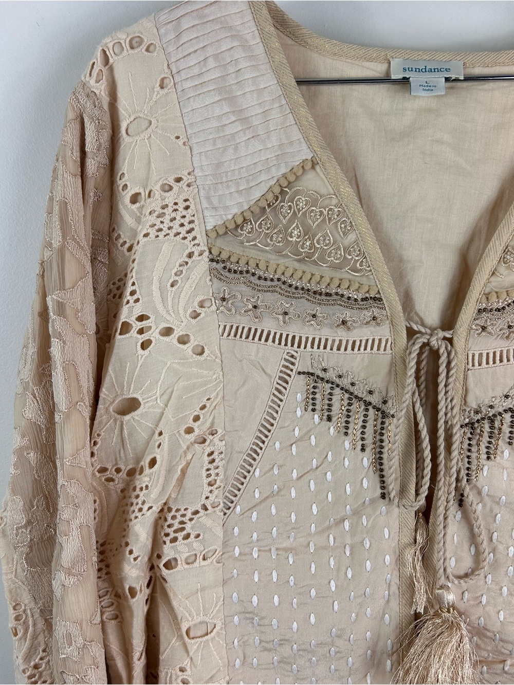 Sundance Cream Embroidered Boho Top with Tie Front GORGEOUS - Picture 9 of 10